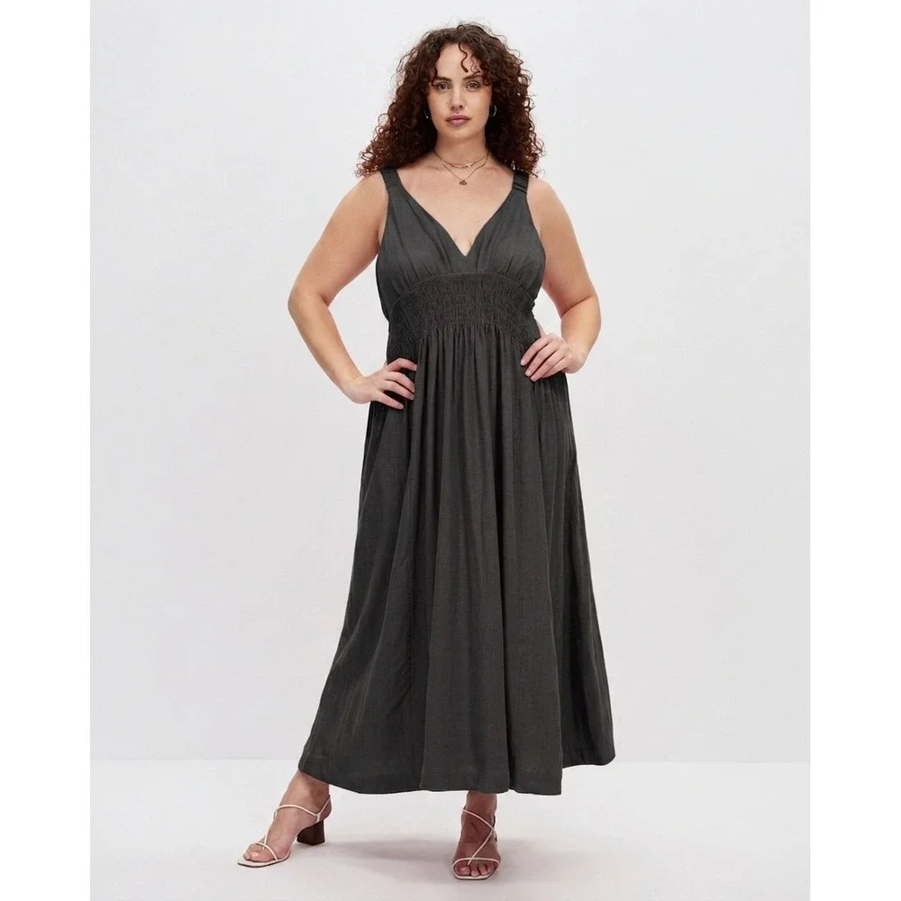 Abercrombie & Fitch Scrunchie Strap Smocked Linen Blend Maxi Dress Grey MT Tall
